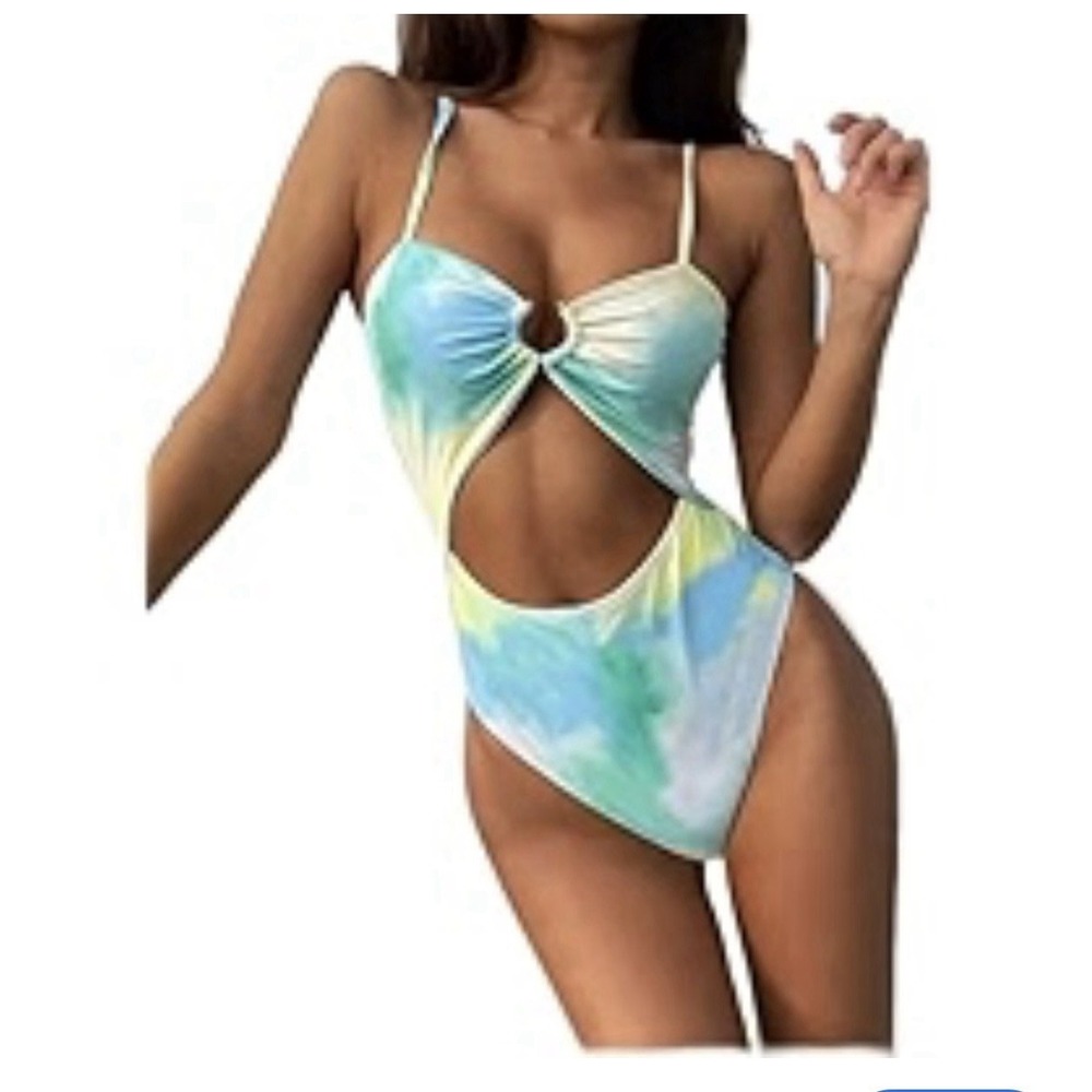 Medium Swim Cut out Open Bust 1 Piece -NWOT Tie Dye Yellow Green Blue